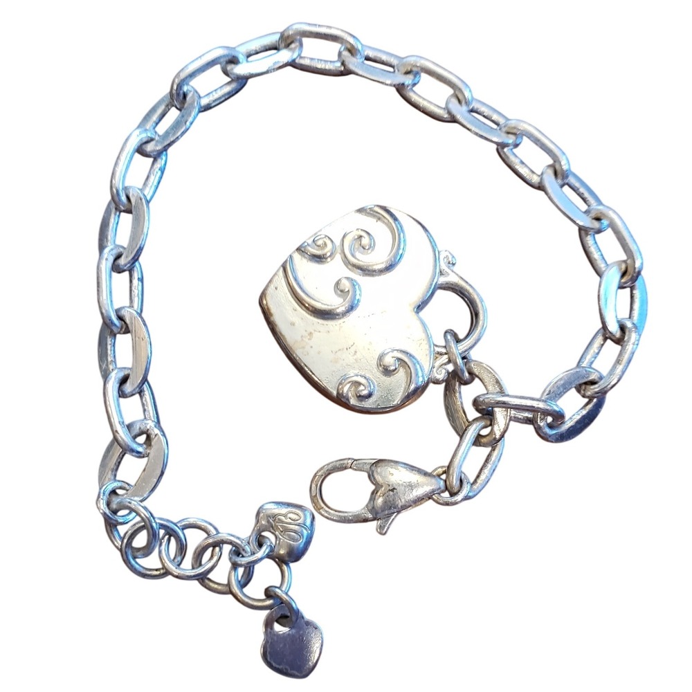 Brighton Silver Tone Chain Bracelet with Heart Charm Swirl Detail‎ Jewelry - Picture 2 of 4